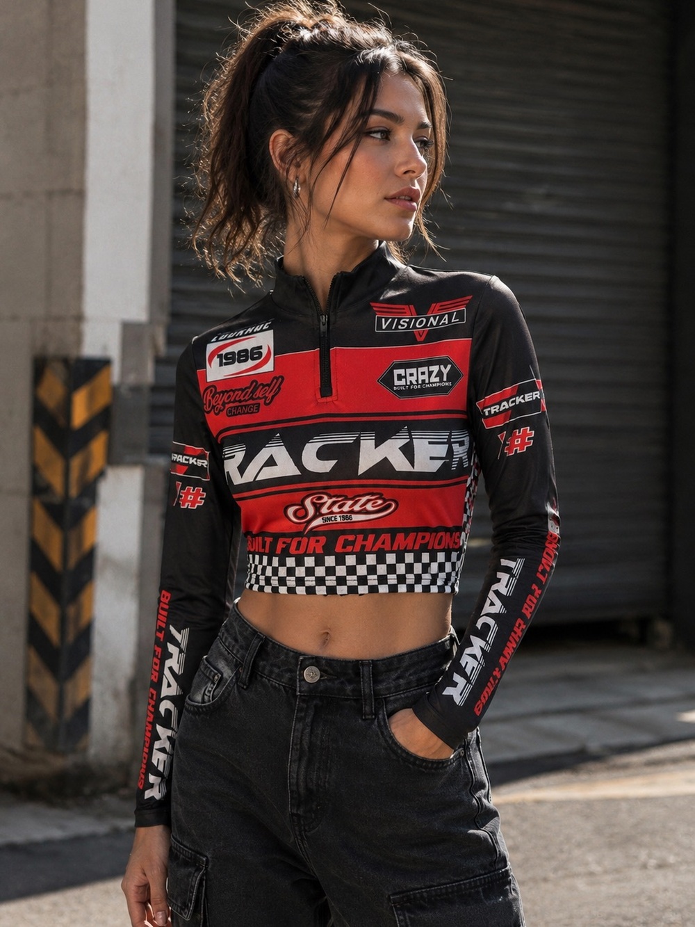 Racer-Style Cropped Performance Top - Black & Red